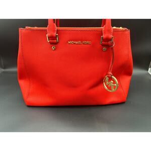 Michael Kors Red Saffiano Leather Tote Satchel Gold Hardware MK Charm Large Bag
